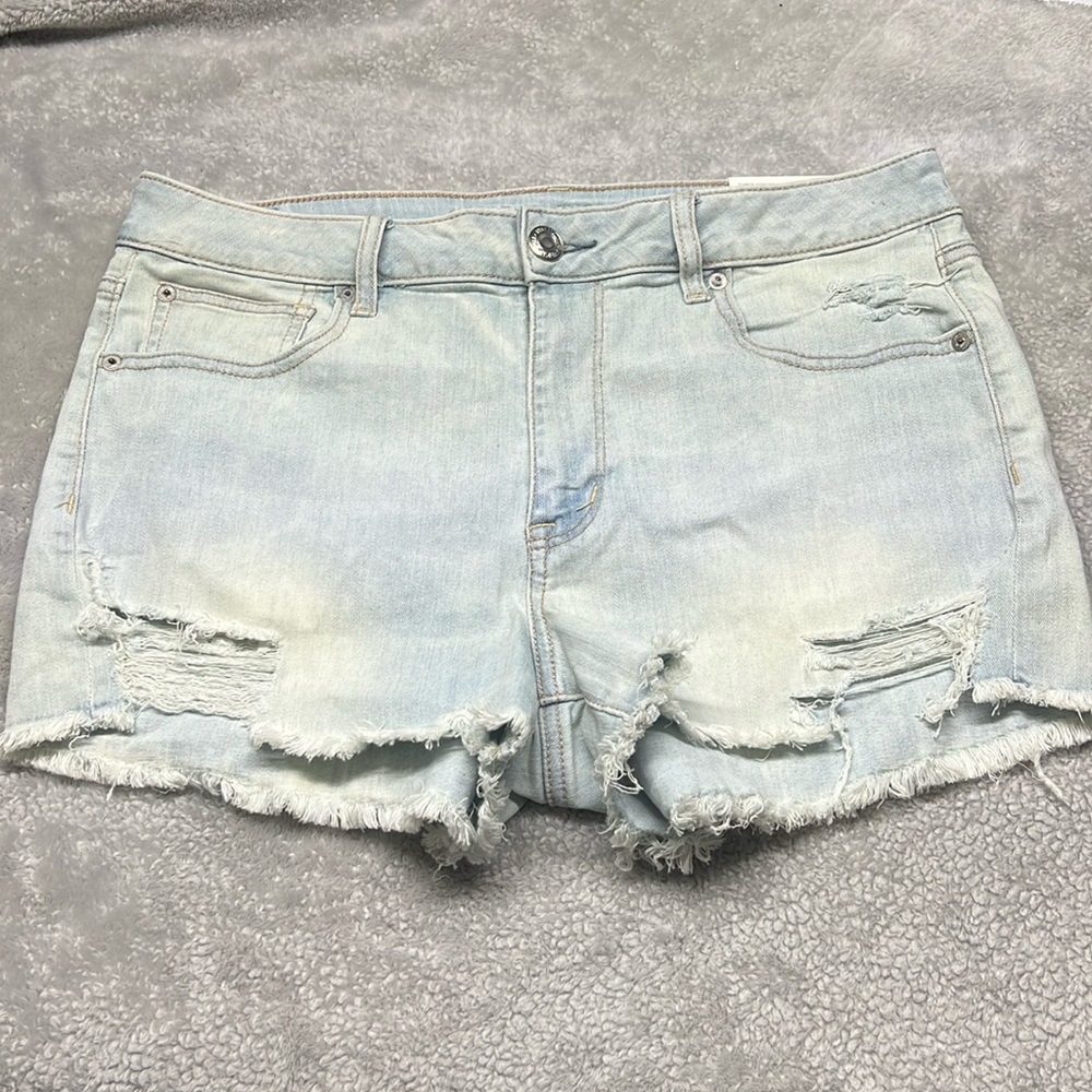 American Eagle Super Stretch High Rise Shortie Jean Shorts  Size 14 Distressed